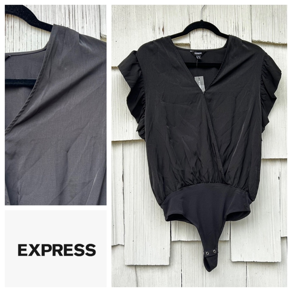 EXPRESS Black Ruffle Sleeve Faux Wrap Bodysuit Women's Size M